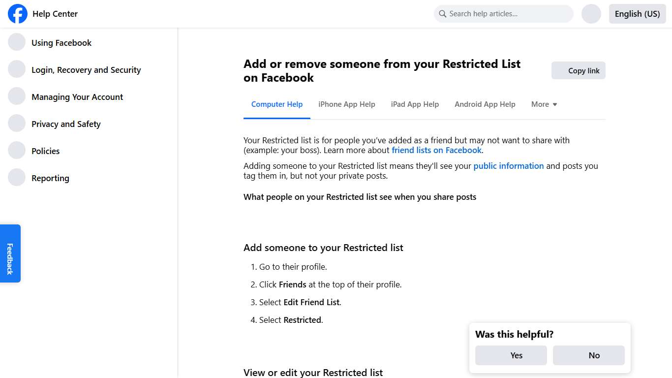 Add or remove someone from your Restricted List on Facebook Facebook Help Center
