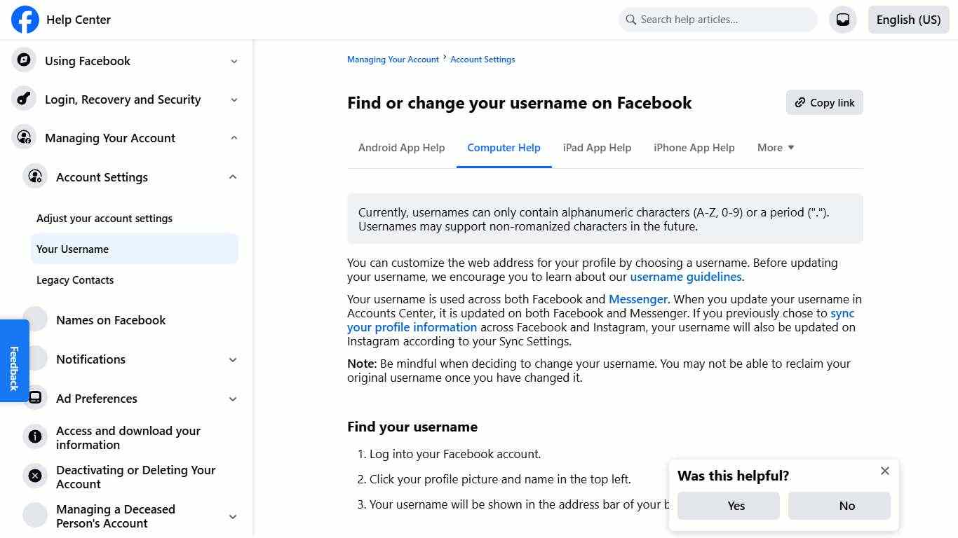 Find or change your username on Facebook Facebook Help Center